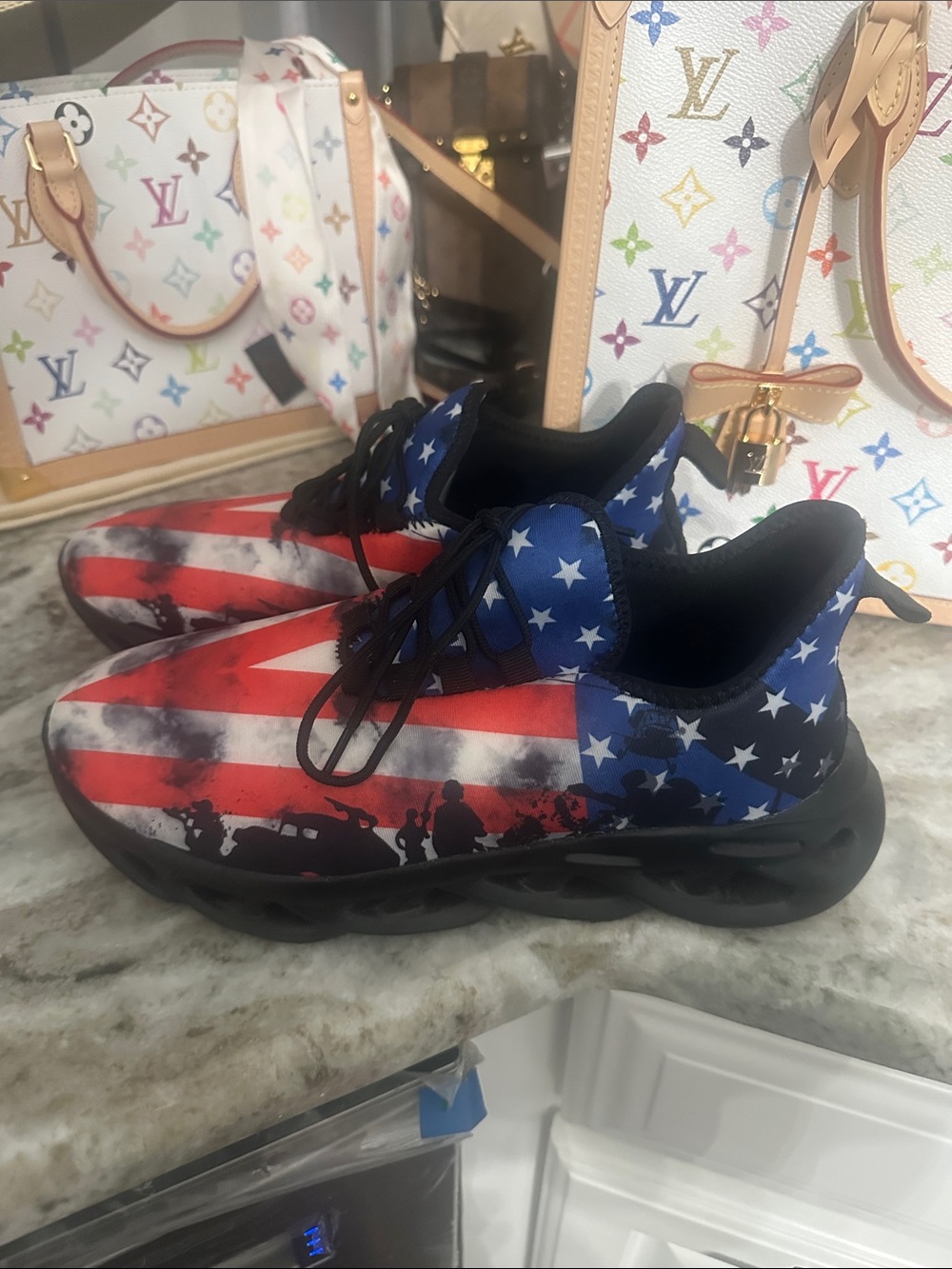 Mens Athletic Sneakers in Red, White & Blue Flag Print. Husband wore 2 times